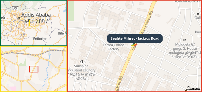 Map showing the address of Sealite Mihret - Jackros Road in three different zoom levels.