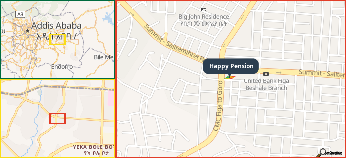 Map showing the address of Happy Pension in three different zoom levels.
