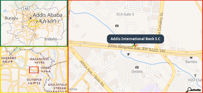 Map showing the address of Addis International Bank S.C in three different zoom levels.