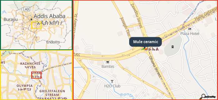 Map showing the address of Mule ceramic in three different zoom levels.