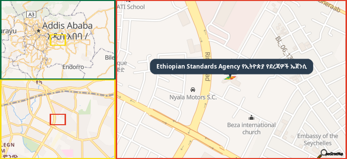 Map showing the address of Ethiopian Standards Agency የኢትዮጵያ የደረጃዎች ኤጀንሲ in three different zoom levels.