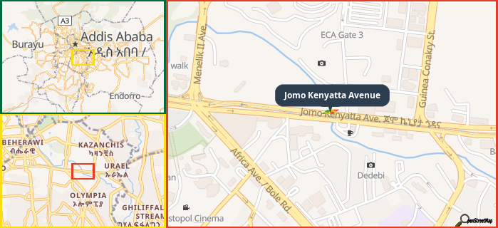 Map showing the address of Jomo Kenyatta Avenue in three different zoom levels.