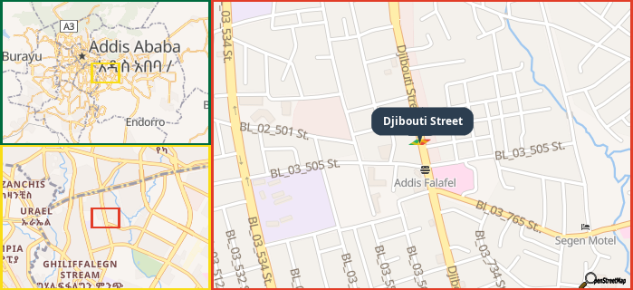 Map showing the address of Djibouti Street in three different zoom levels.