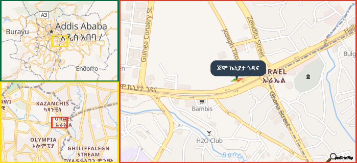 Map showing the address of ጆሞ ኬኒያታ ጎዳና in three different zoom levels.