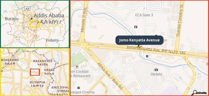 Map showing the address of Jomo Kenyatta Avenue in three different zoom levels.