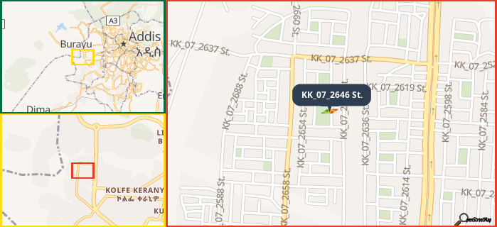 Map showing the address of KK_07_2646 St. in three different zoom levels.