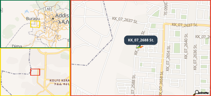 Map showing the address of KK_07_2688 St. in three different zoom levels.