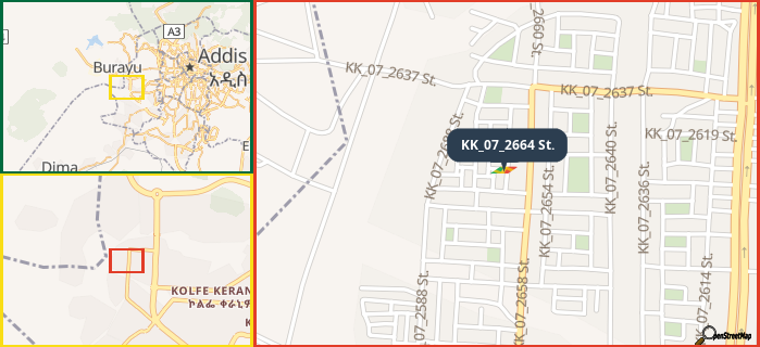 Map showing the address of KK_07_2664 St. in three different zoom levels.