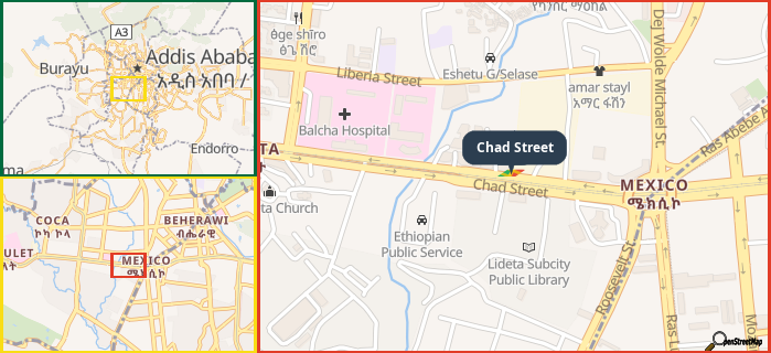 Map showing the address of Chad Street in three different zoom levels.