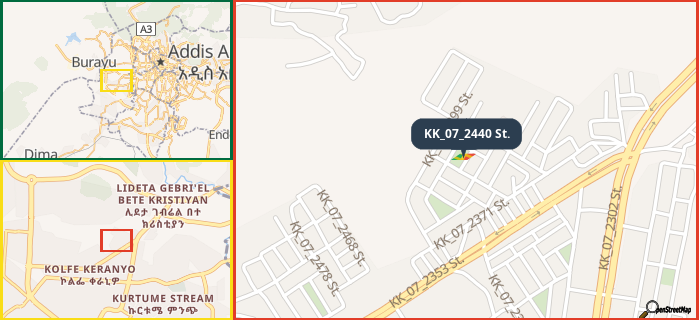 Map showing the address of KK_07_2440 St. in three different zoom levels.