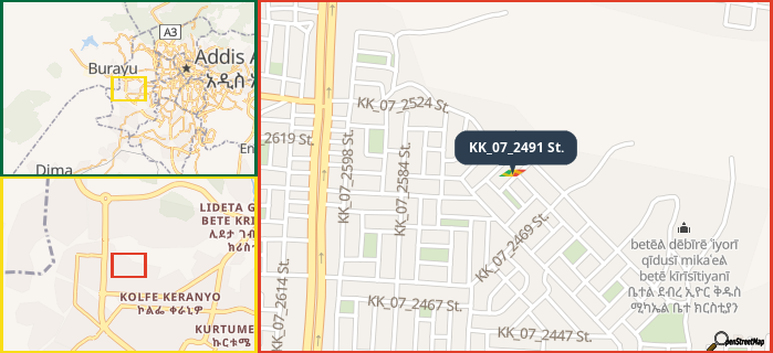 Map showing the address of KK_07_2491 St. in three different zoom levels.