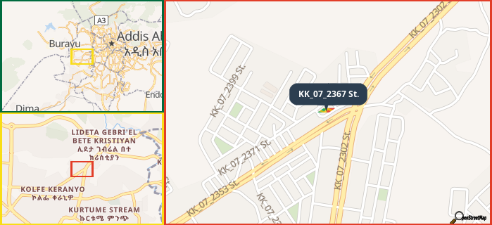 Map showing the address of KK_07_2367 St. in three different zoom levels.