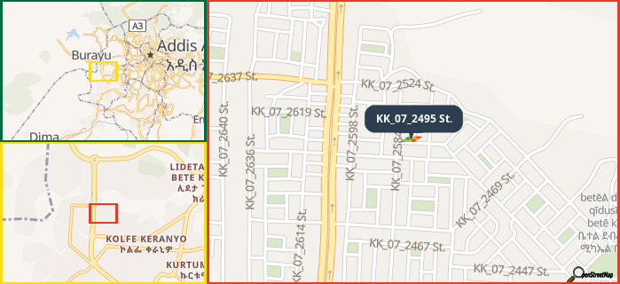 Map showing the address of KK_07_2495 St. in three different zoom levels.