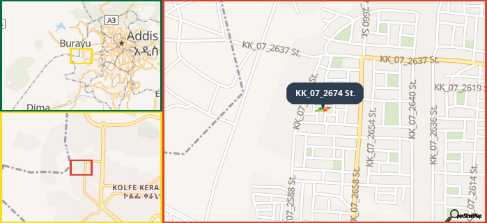 Map showing the address of KK_07_2674 St. in three different zoom levels.