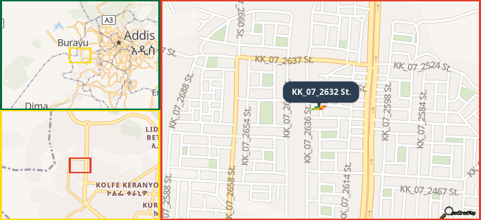 Map showing the address of KK_07_2632 St. in three different zoom levels.