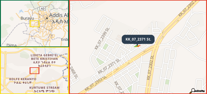 Map showing the address of KK_07_2371 St. in three different zoom levels.