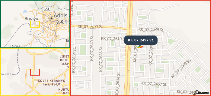 Map showing the address of KK_07_2497 St. in three different zoom levels.