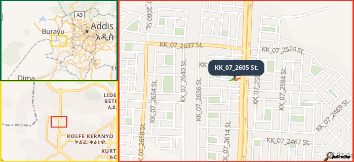 Map showing the address of KK_07_2605 St. in three different zoom levels.