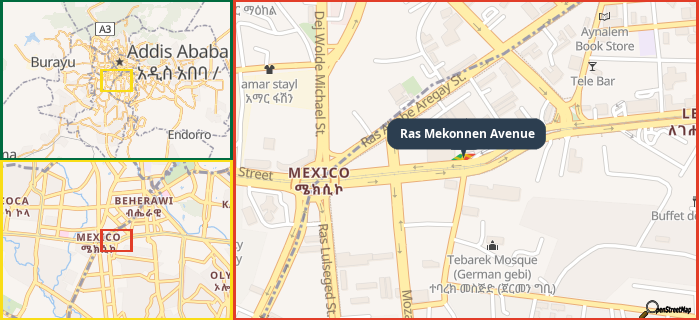 Map showing the address of Ras Mekonnen Avenue in three different zoom levels.