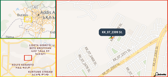 Map showing the address of KK_07_2399 St. in three different zoom levels.