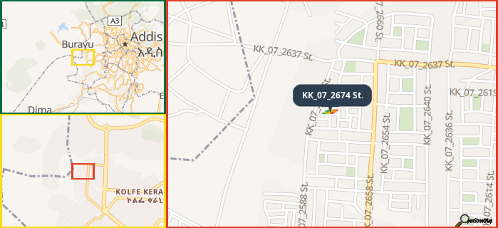 Map showing the address of KK_07_2674 St. in three different zoom levels.