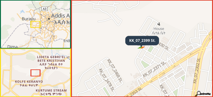 Map showing the address of KK_07_2399 St. in three different zoom levels.