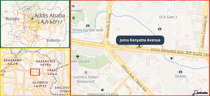 Map showing the address of Jomo Kenyatta Avenue in three different zoom levels.