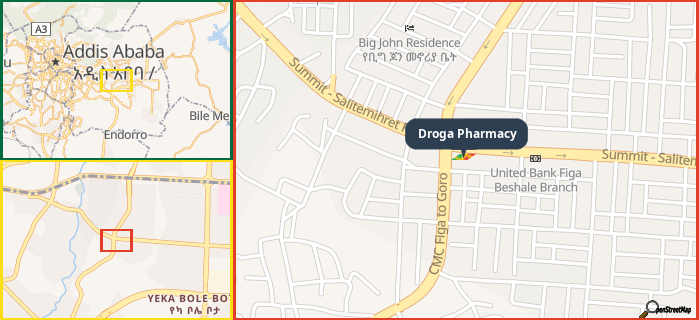 Map showing the address of Droga Pharmacy in three different zoom levels.