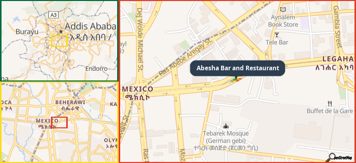 Map showing the address of Abesha Bar and Restaurant in three different zoom levels.