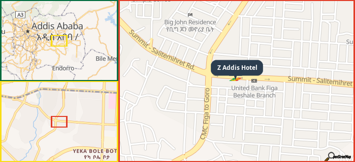 Map showing the address of Z Addis Hotel in three different zoom levels.