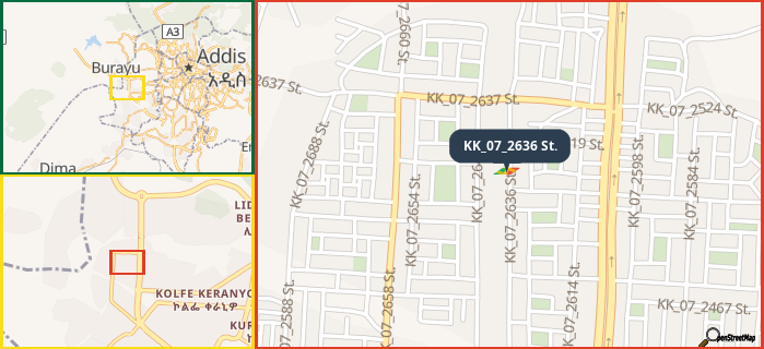 Map showing the address of KK_07_2636 St. in three different zoom levels.