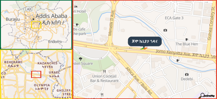 Map showing the address of ጆሞ ኬኒያታ ጎዳና in three different zoom levels.