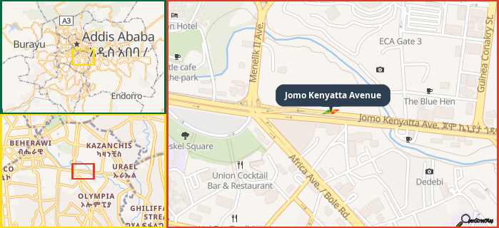 Map showing the address of Jomo Kenyatta Avenue in three different zoom levels.