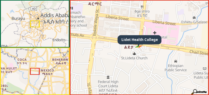 Map showing the address of Lidet Health College in three different zoom levels.