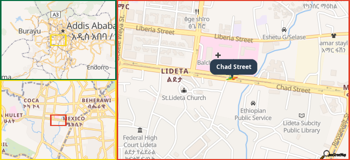 Map showing the address of Chad Street in three different zoom levels.