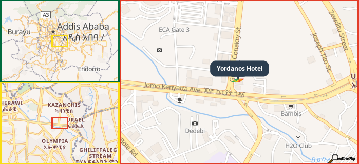 Map showing the address of Yordanos Hotel in three different zoom levels.