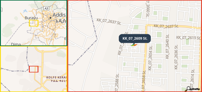 Map showing the address of KK_07_2609 St. in three different zoom levels.