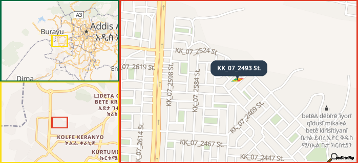 Map showing the address of KK_07_2493 St. in three different zoom levels.