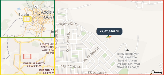 Map showing the address of KK_07_2469 St. in three different zoom levels.