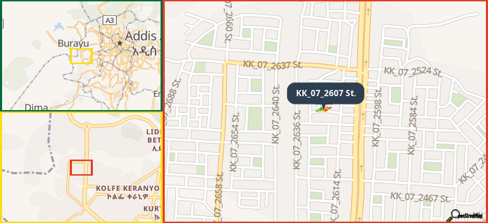 Map showing the address of KK_07_2607 St. in three different zoom levels.