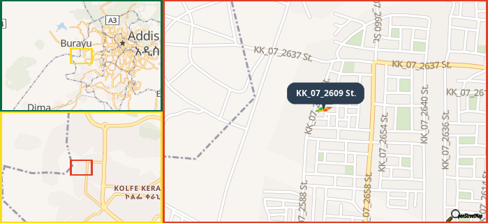 Map showing the address of KK_07_2609 St. in three different zoom levels.