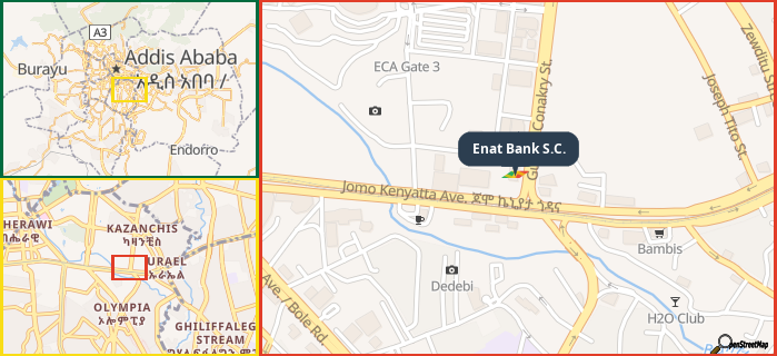 Map showing the address of Enat Bank S.C. in three different zoom levels.