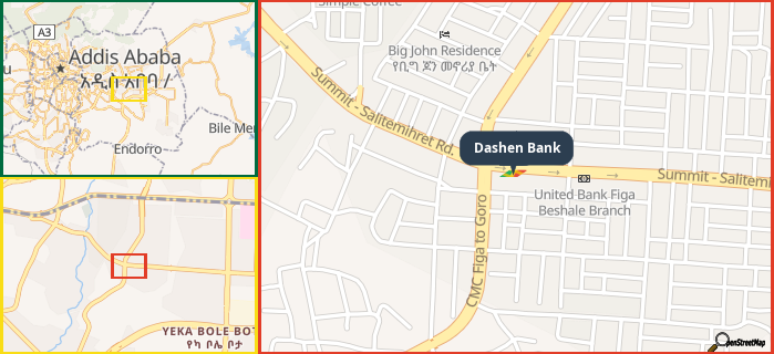 Map showing the address of Dashen Bank in three different zoom levels.