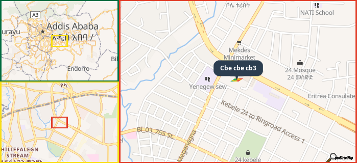 Map showing the address of Cbe cbe cb3 in three different zoom levels.