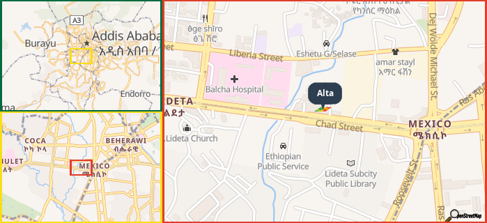 Map showing the address of Alta in three different zoom levels.