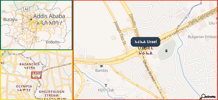 Map showing the address of ኡራኤል Urael in three different zoom levels.
