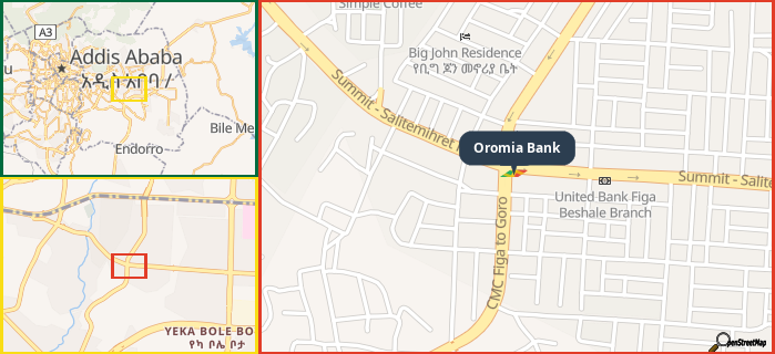 Map showing the address of Oromia Bank in three different zoom levels.
