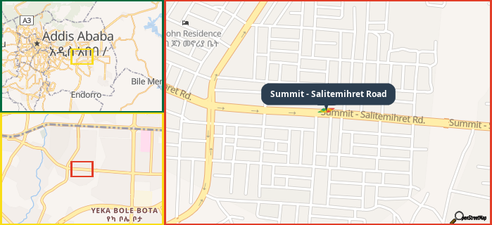 Map showing the address of Summit - Salitemihret Road in three different zoom levels.