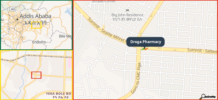 Map showing the address of Droga Pharmacy in three different zoom levels.