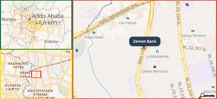 Map showing the address of Zemen Bank in three different zoom levels.